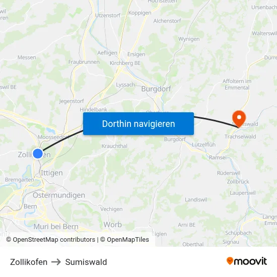 Zollikofen to Sumiswald map