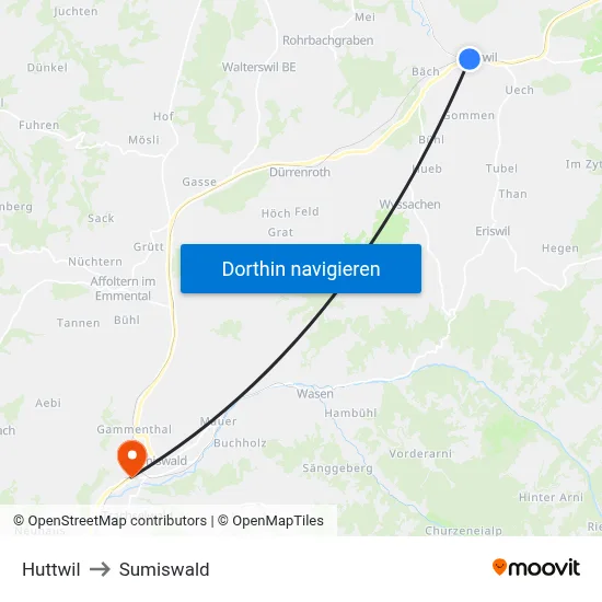 Huttwil to Sumiswald map