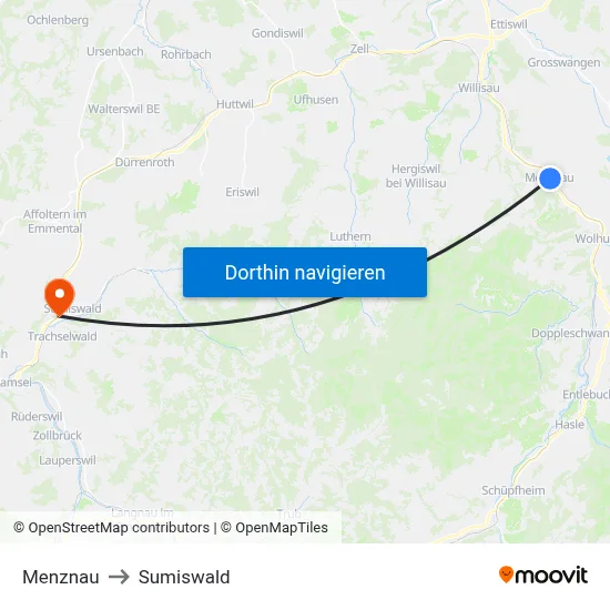 Menznau to Sumiswald map