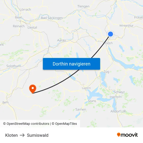 Kloten to Sumiswald map