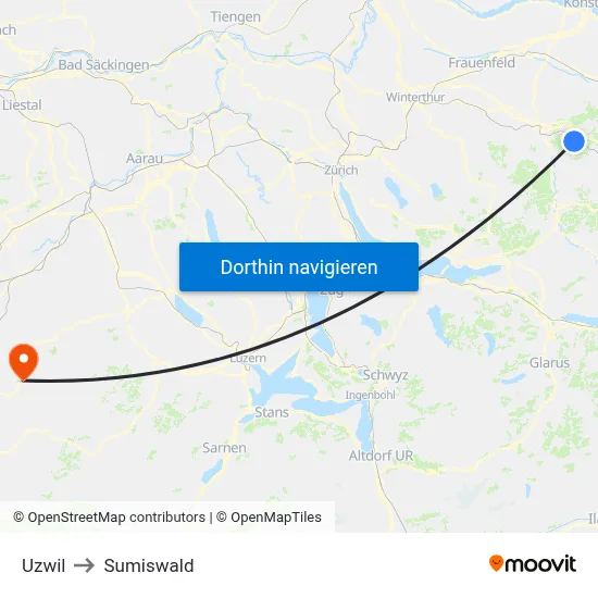 Uzwil to Sumiswald map