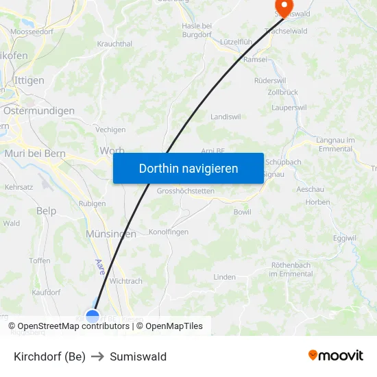 Kirchdorf (Be) to Sumiswald map