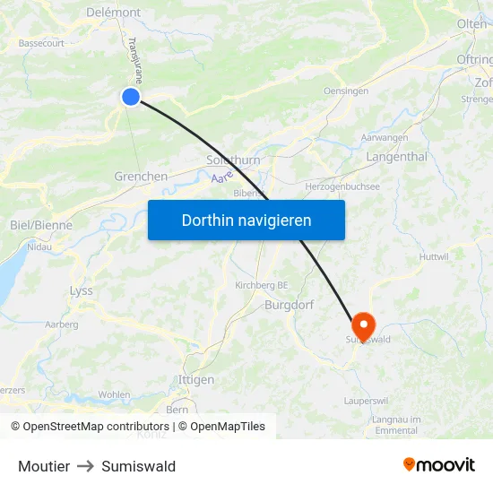 Moutier to Sumiswald map