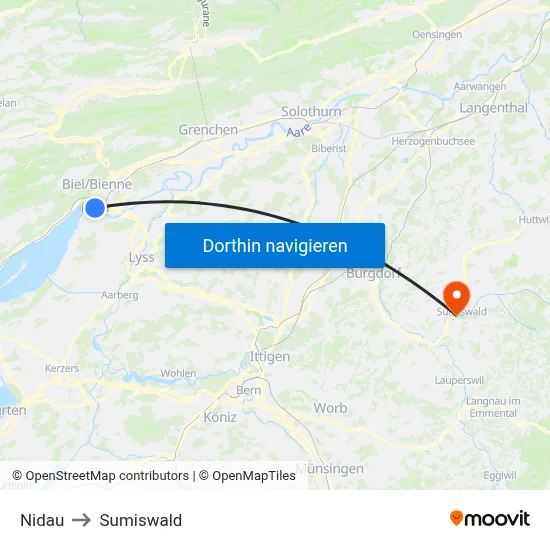 Nidau to Sumiswald map