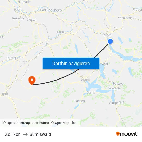 Zollikon to Sumiswald map