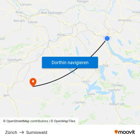 Zürich to Sumiswald map