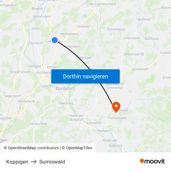 Koppigen to Sumiswald map