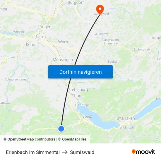 Erlenbach Im Simmental to Sumiswald map