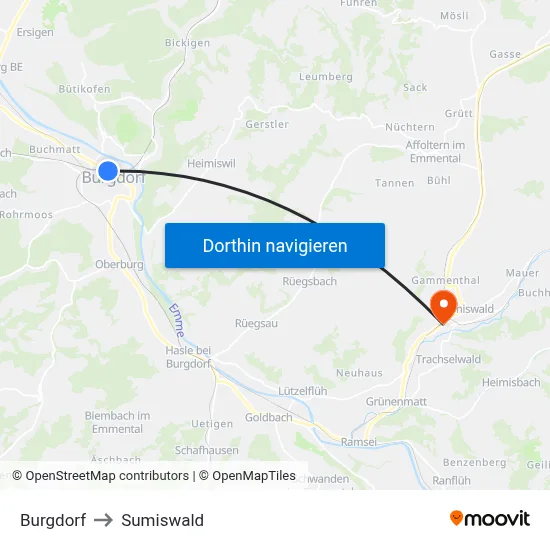 Burgdorf to Sumiswald map