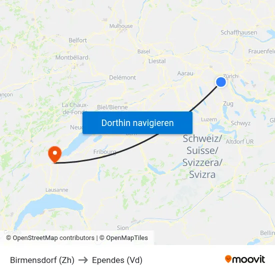 Birmensdorf (Zh) to Ependes (Vd) map