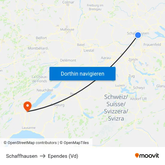 Schaffhausen to Ependes (Vd) map