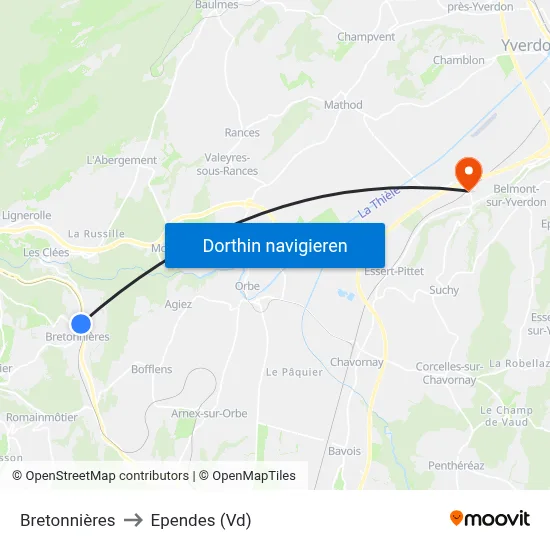 Bretonnières to Ependes (Vd) map