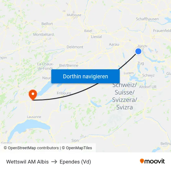 Wettswil AM Albis to Ependes (Vd) map