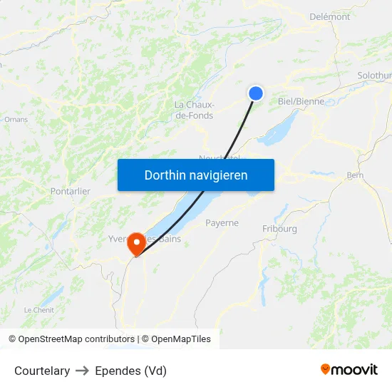 Courtelary to Ependes (Vd) map