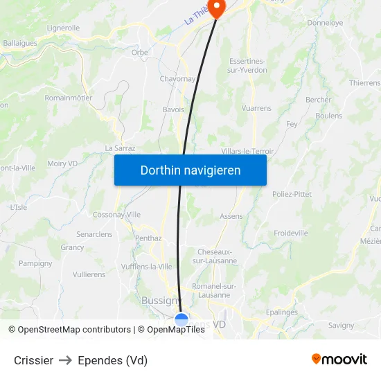 Crissier to Ependes (Vd) map