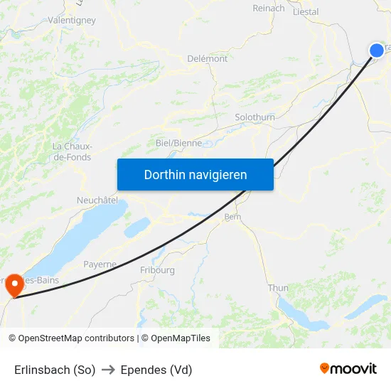 Erlinsbach (So) to Ependes (Vd) map