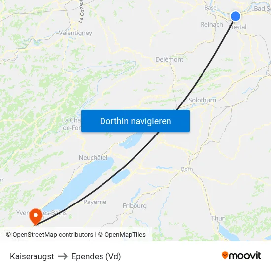Kaiseraugst to Ependes (Vd) map