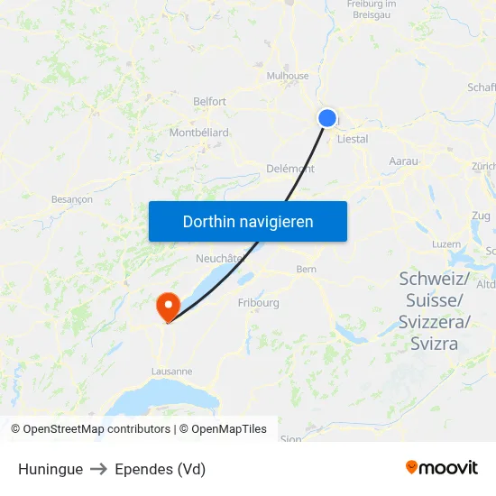 Huningue to Ependes (Vd) map