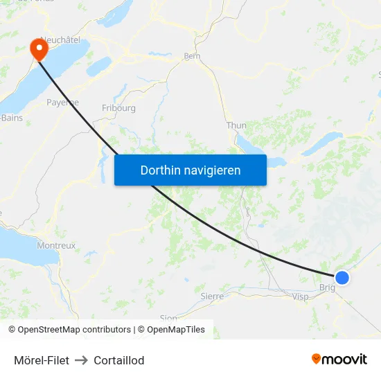 Mörel-Filet to Cortaillod map