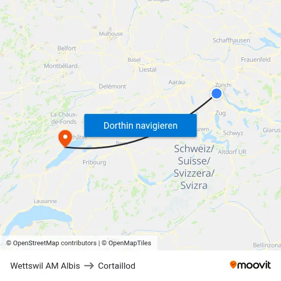 Wettswil AM Albis to Cortaillod map