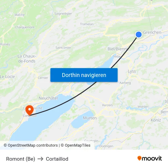 Romont (Be) to Cortaillod map