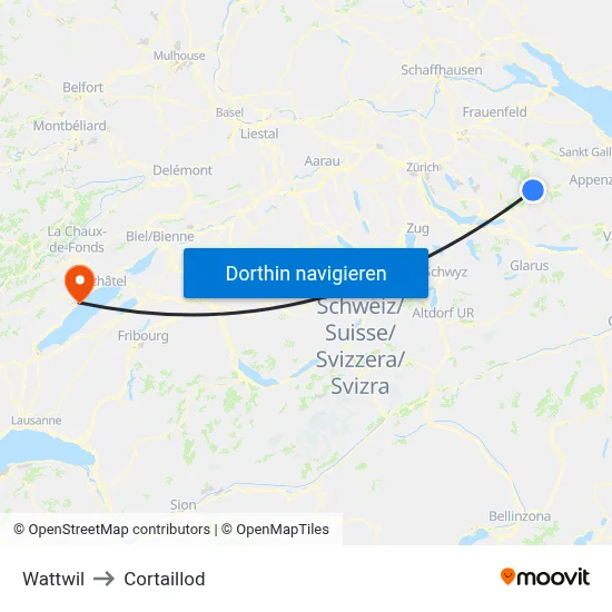 Wattwil to Cortaillod map