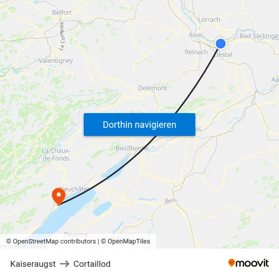 Kaiseraugst to Cortaillod map