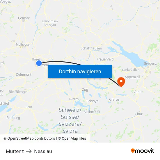 Muttenz to Nesslau map