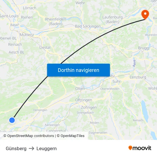 Günsberg to Leuggern map