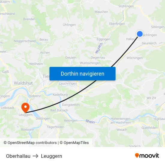 Oberhallau to Leuggern map