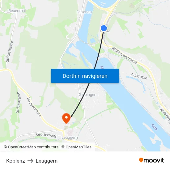 Koblenz to Leuggern map