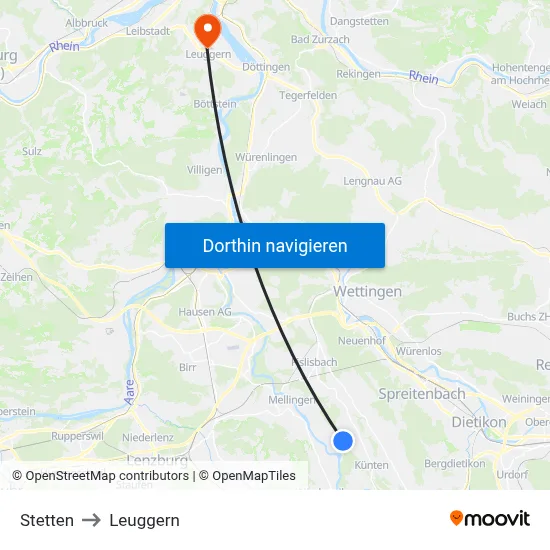 Stetten to Leuggern map