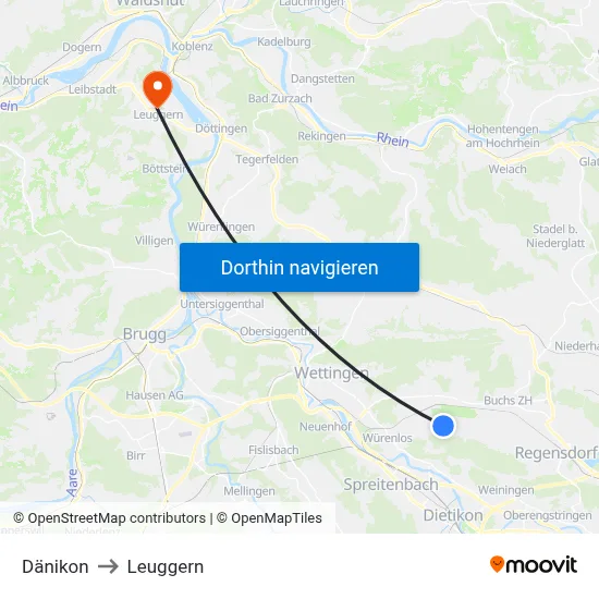 Dänikon to Leuggern map