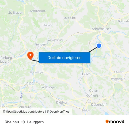 Rheinau to Leuggern map