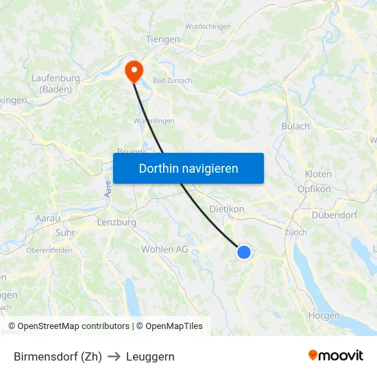 Birmensdorf (Zh) to Leuggern map