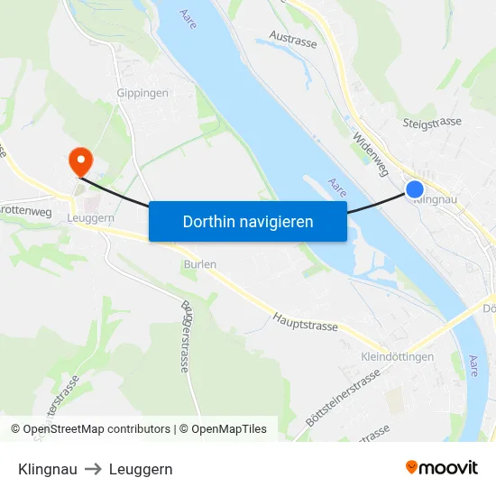Klingnau to Leuggern map