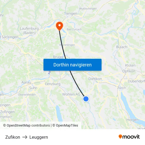 Zufikon to Leuggern map