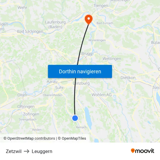 Zetzwil to Leuggern map
