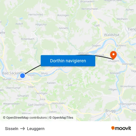 Sisseln to Leuggern map