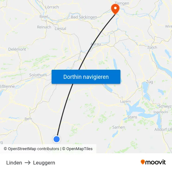 Linden to Leuggern map