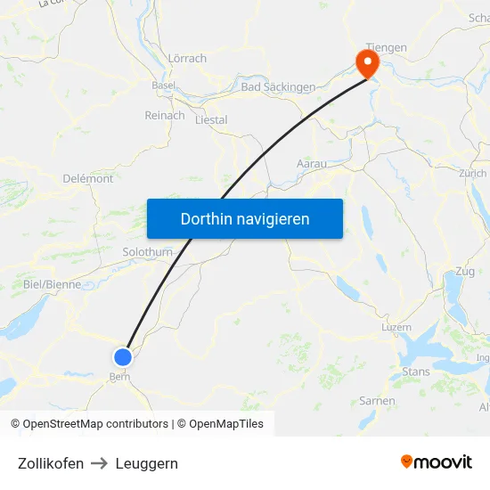 Zollikofen to Leuggern map