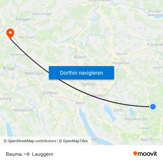 Bauma to Leuggern map