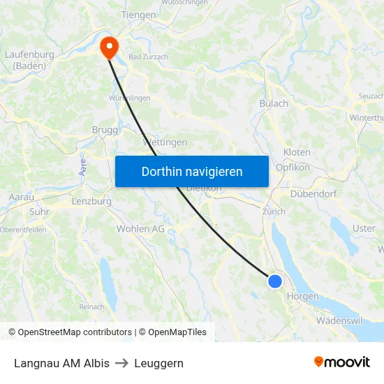 Langnau AM Albis to Leuggern map