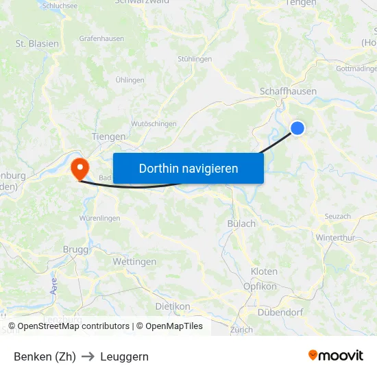 Benken (Zh) to Leuggern map