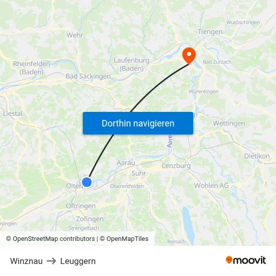 Winznau to Leuggern map