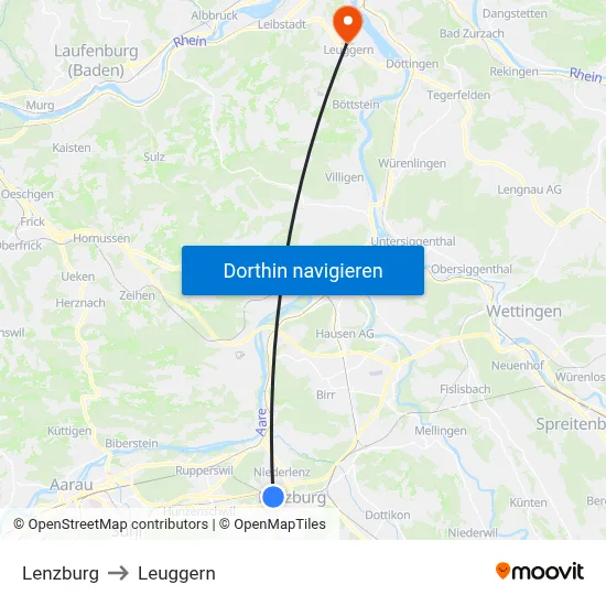 Lenzburg to Leuggern map