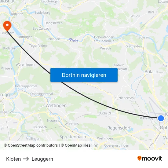 Kloten to Leuggern map