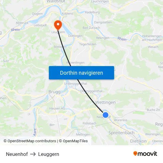 Neuenhof to Leuggern map