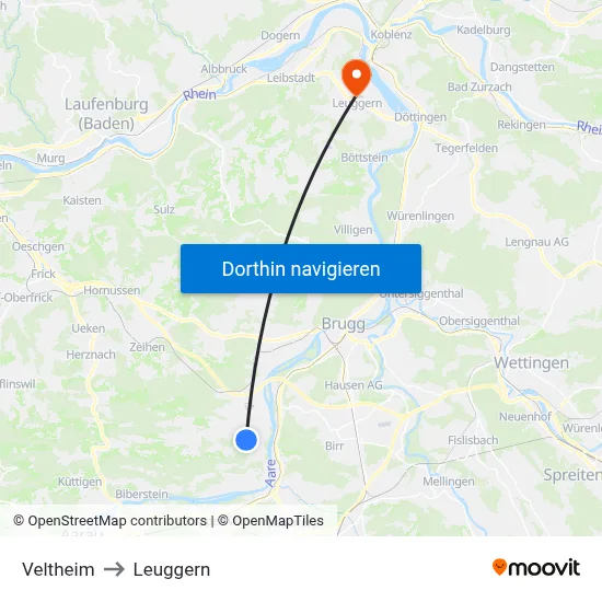 Veltheim to Leuggern map