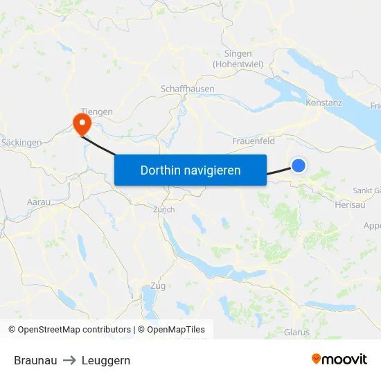 Braunau to Leuggern map